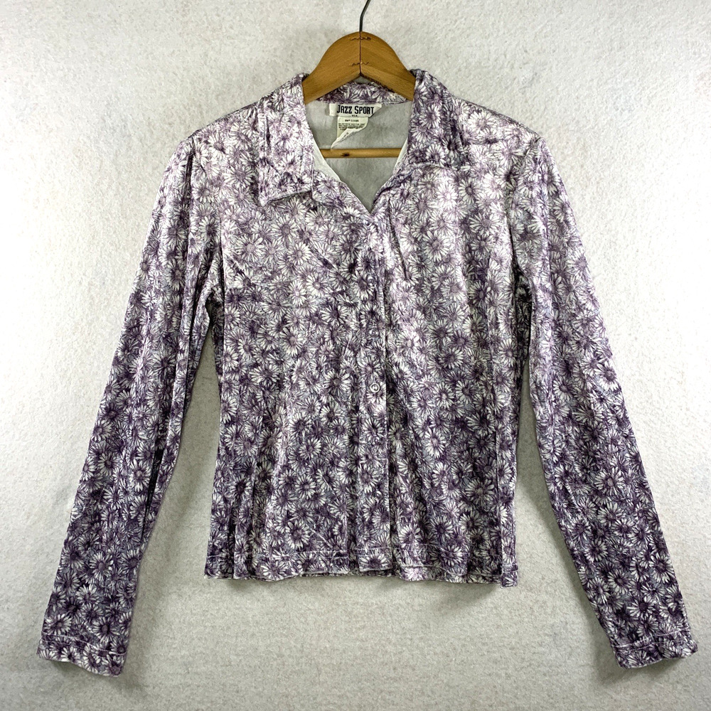 VTG 90s Womens Daisy Velvet Button Top‎ Sz M Purple Soft Grunge Indie USA Made